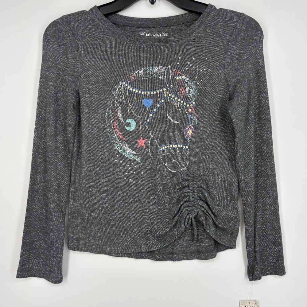 Mudd Girls Medium 8 Pullover Knit Top Charcoal Gray Horse Graphic Ruched Hem LS